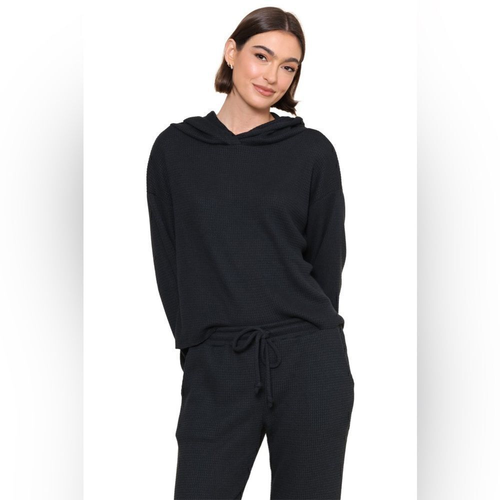 Beyond Yoga NWT Waffle Knit Pullover Hoodie in Black Size Medium
